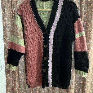 Free People Pink and Black Button-Up Cardigan
